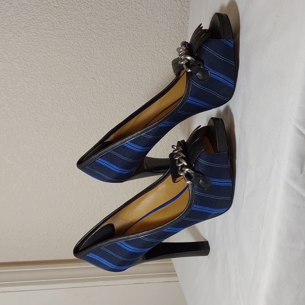 Never Worn Nine West Blue Pinstripe Peep Toe High Heels